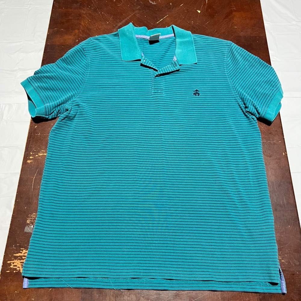 Brooks Brothers Performance Polo Mens XXL Slim Fit Teal Navy Stripe Cotton Shirt